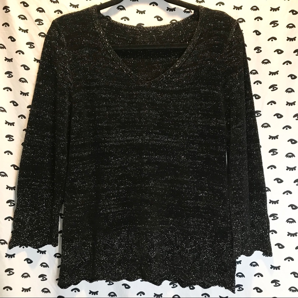 V-Neck Scalloped Hem Metallic Sweater